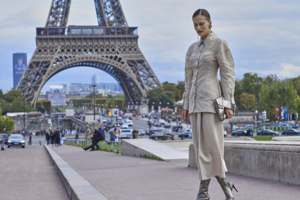 street style paris fashion week outside of hermes eiffel tower alla kostromichova poses for the cameras editorial image 14